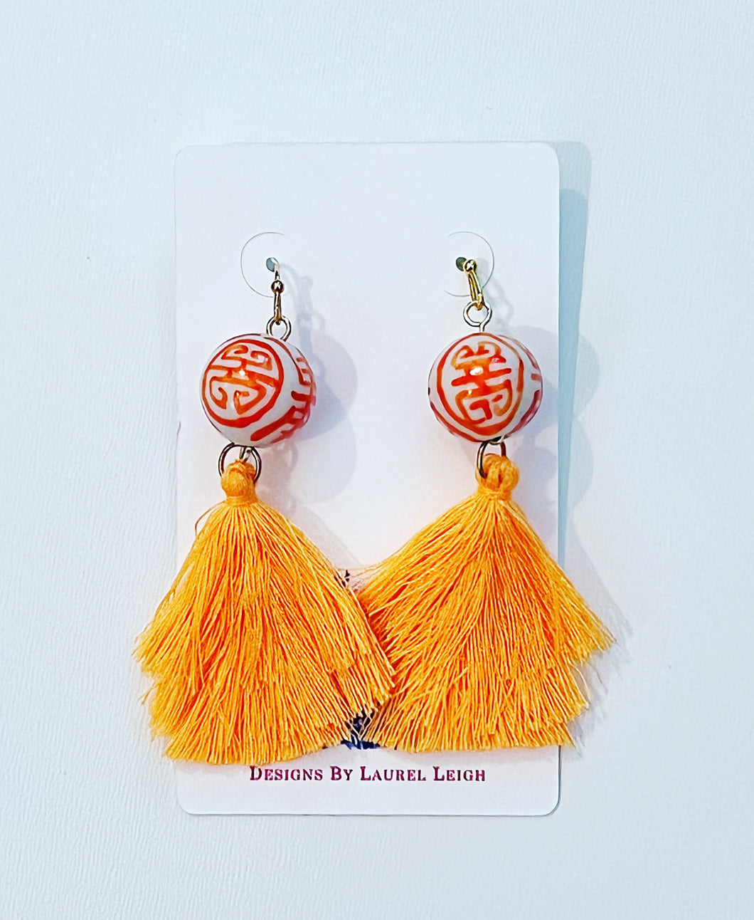 Orange Chinoiserie Tassel Drop Earrings - Chinoiserie jewelry