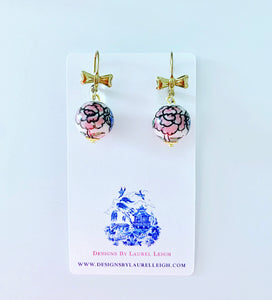 Chinoiserie Pink Peony and Bow Earrings - Ginger jar