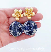 Load image into Gallery viewer, Blue and White Chinoiserie Coin Earrings with Gold Floral Posts - Ginger jar