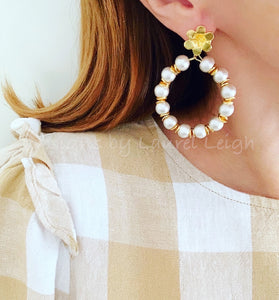 Gold and Cotton Pearl Hoop Floral Post Earrings - Ginger jar