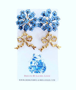 Blue Hydrangea Bow Drop Earrings - Chinoiserie jewelry