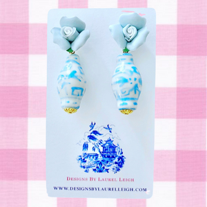 Wedgwood Blue and White Chinoiserie Rosebud Ginger Jar Earrings - Ginger jar