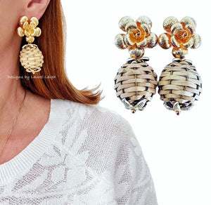 Wicker Rattan Floral Drop Earrings - Chinoiserie jewelry