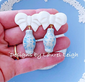 Wedgwood Blue and White Chinoiserie Ginger Jar Bow Earrings - 2 Styles - Ginger jar