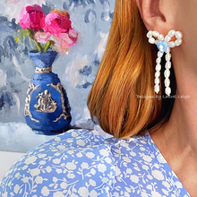 Load image into Gallery viewer, Wedgwood Blue Cameo Pearl Bow Earrings - Chinoiserie jewelry