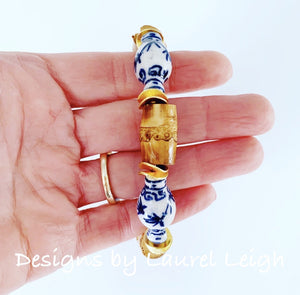 Blue and White Chinoiserie Bamboo Ginger Jar Statement Bracelet - Designs by Laurel Leigh