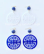 Load image into Gallery viewer, Chinoiserie Chic Longevity Symbol Statement Earrings - Acrylic - White/Royal - Ginger jar