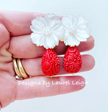 Load image into Gallery viewer, Pearl Flower &amp; Red Cinnabar Earrings - Chinoiserie jewelry