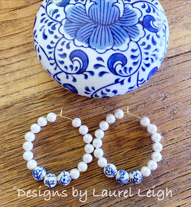 Blue and White Floral Chinoiserie Pearl Hoop Earrings - Ginger jar