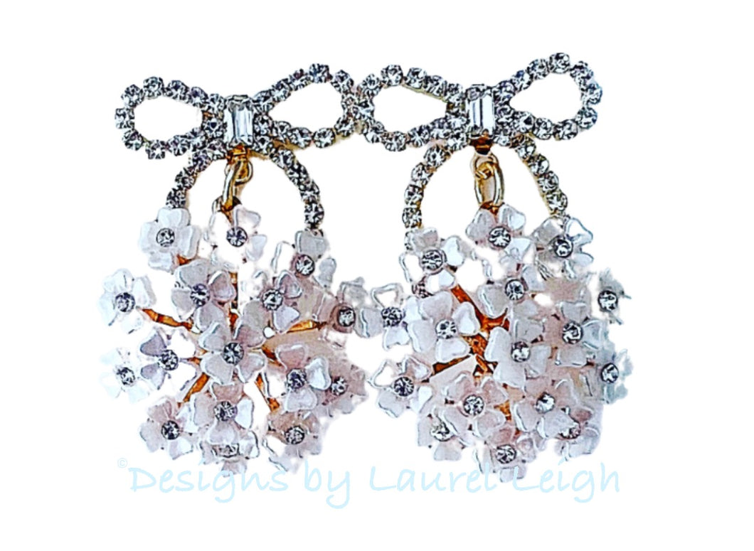 Rhinestone Bow Pearl Hydrangea Earrings - Chinoiserie jewelry