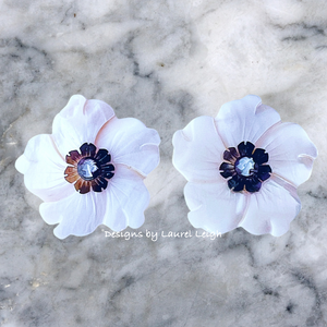 White & Silver Cameo Pearl Flower Earrings - Chinoiserie jewelry