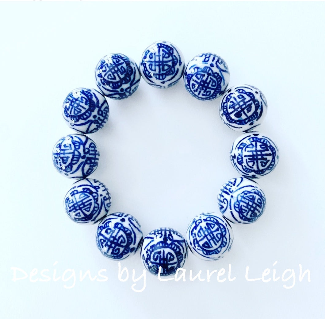 Chunky Blue and White Chinoiserie Chinese Symbol Beaded Statement Bracelet - Ginger jar