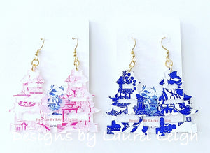 Pagoda Chinoiserie Earrings - Pink Willow or Blue Willow - Ginger jar