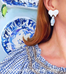Wedgwood Blue Ginger Jar Bow Earrings - Chinoiserie jewelry