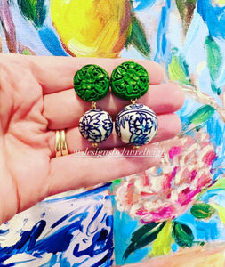 Chinoiserie Green Cinnabar Drop Earrings - Chinoiserie jewelry