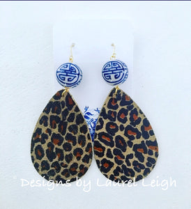 Chinoiserie Leather Dark Leopard Print Statement Earrings - Designs by Laurel Leigh