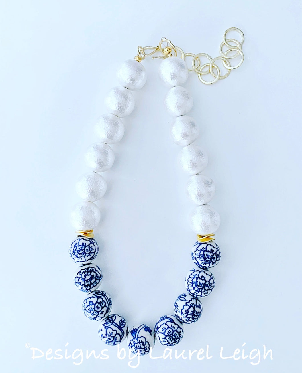 Chunky Blue and White Chinoiserie Pearl & Peony Flower Statement Necklace - Ginger jar