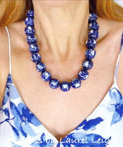 Blue and White Chunky Chinoiserie Double Happiness Statement Necklace - Adjustable Length - Ginger jar