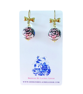 Chinoiserie Pink Peony and Bow Earrings - Ginger jar