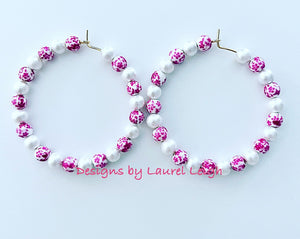 Pink & White Chinoiserie Floral Beaded Hoops - Chinoiserie jewelry