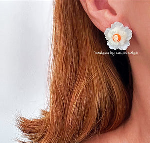 Orange & White Floral Cameo Pearl Studs - Chinoiserie jewelry