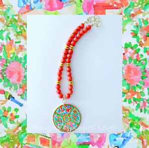 Rose Medallion Chinoiserie Pendant Necklace - Orange - Ginger jar