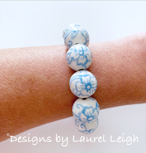 Chinoiserie Wedgwood Blue and White Chunky Floral Statement Bracelet - Ginger jar
