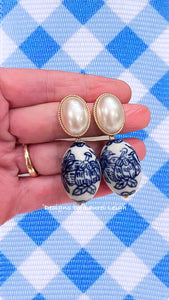Blue & White Chinoiserie Oval Pearl Earrings - Chinoiserie jewelry