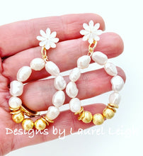 Load image into Gallery viewer, Freshwater Pearl Oval Hoops with Floral MOP Posts - Ginger jar