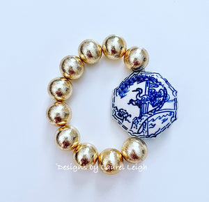 Chunky Gold Chinoiserie Focal Bead Bracelet - Chinoiserie jewelry