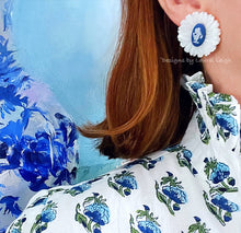 Load image into Gallery viewer, Wedgwood Portland Blue Cameo Pearl Flower Studs - Chinoiserie jewelry