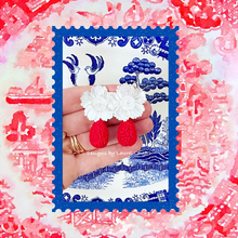 Load image into Gallery viewer, Pearl Flower &amp; Red Cinnabar Earrings - Chinoiserie jewelry