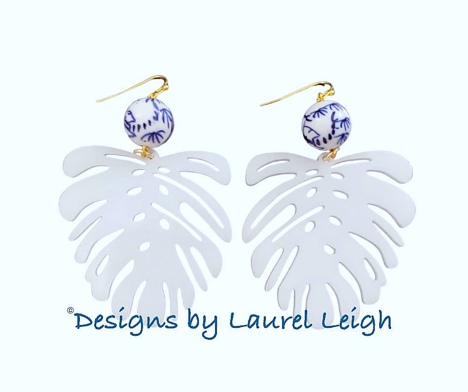 Chinoiserie Tropical Monstera Palm Leaf Statement Earrings - White - Ginger jar