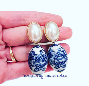 Blue & White Chinoiserie Oval Pearl Earrings - Chinoiserie jewelry