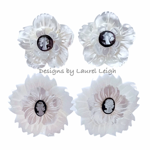 White & Silver Pearl Cameo Floral Studs - 2 Sizes - Chinoiserie jewelry
