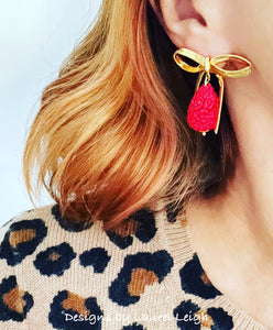 Red & Gold Bow Cinnabar Teardrop Earrings - Chinoiserie jewelry