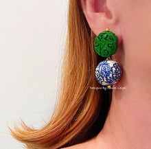 Load image into Gallery viewer, Chinoiserie Green Cinnabar Drop Earrings - Chinoiserie jewelry