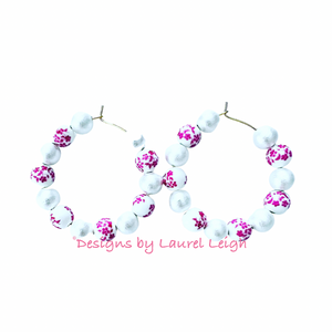 Pink & White Chinoiserie Floral Beaded Hoops - Chinoiserie jewelry