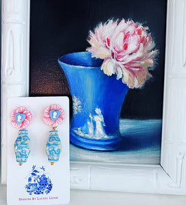 Wedgwood Blue & Pink Cameo Ginger Jar Earrings - Chinoiserie jewelry