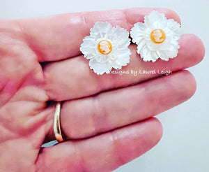 Orange & White Floral Cameo Pearl Studs - Chinoiserie jewelry