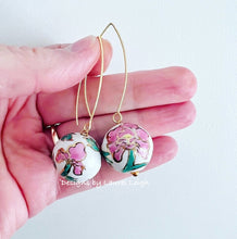 Load image into Gallery viewer, Pink &amp; Green Peony Wire Drop Earrings - Chinoiserie jewelry