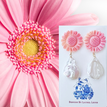 Load image into Gallery viewer, Pink Sunflower Pearl Drop Earrings - Chinoiserie jewelry