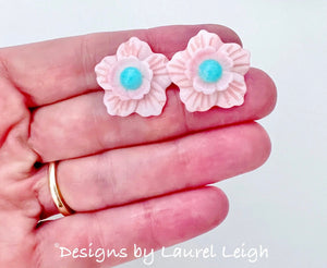 Pink Pearl & Aqua Gemstone Floral Studs - Chinoiserie jewelry