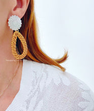 Load image into Gallery viewer, White Sunflower &amp; Rattan Drop Earrings - Chinoiserie jewelry