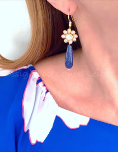 Blue Lapis and Gold Floral Pearl Teardrop Earrings - Ginger jar