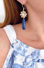 Load image into Gallery viewer, Blue Lapis and Gold Floral Pearl Teardrop Earrings - Ginger jar