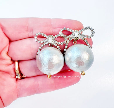 Rhinestone Bow Jumbo Pearl Drop Earrings - Chinoiserie jewelry