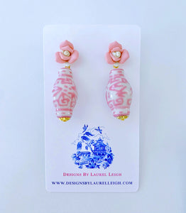 Pink Chinoiserie Ginger Jar Rosebud Earrings - Chinoiserie jewelry