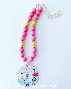 Chinoiserie Watercolor Geisha Pendant Statement Necklace - Bubblegum Pink - Ginger jar