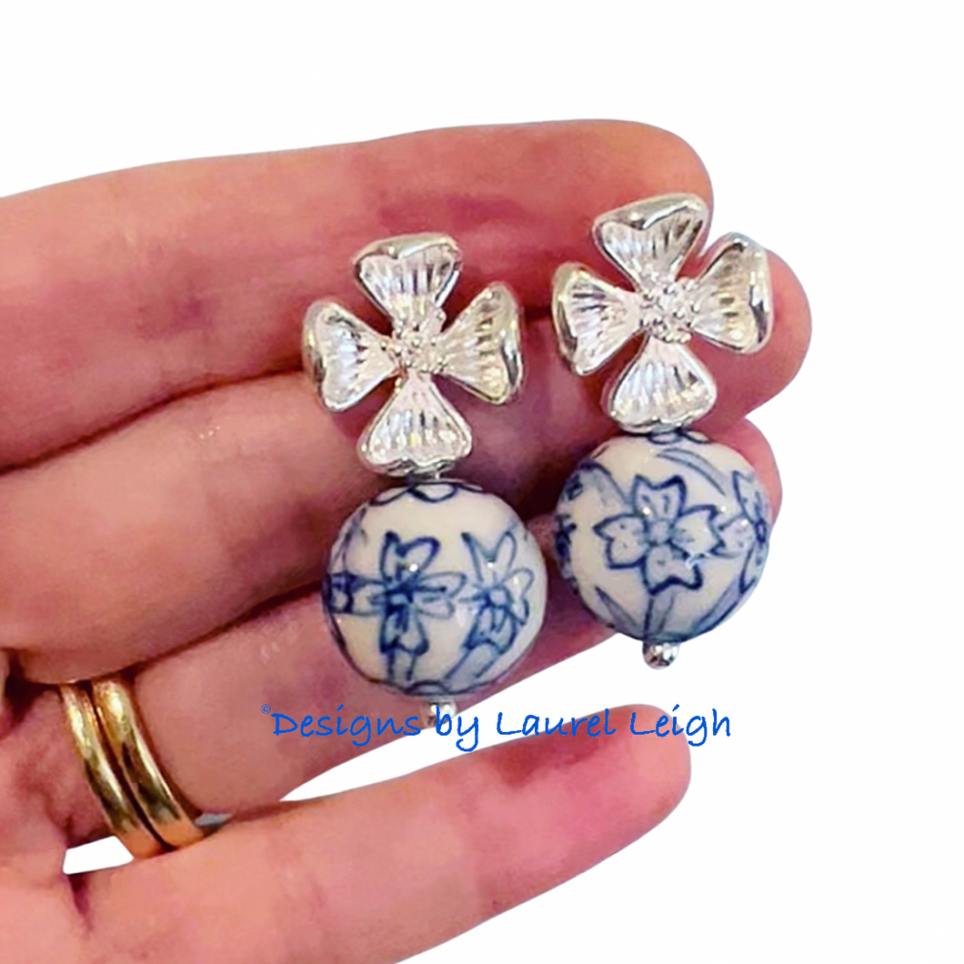 Chinoiserie Silver Dogwood Earrings - Chinoiserie jewelry